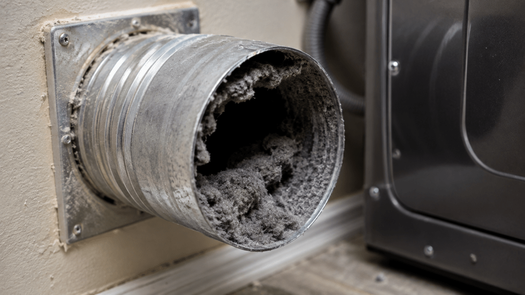 Partially clogged dryer exhaust vent with lint buildup