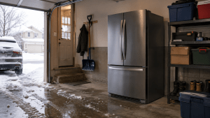 Refrigerator in a cold residential garage during a Cleveland winter