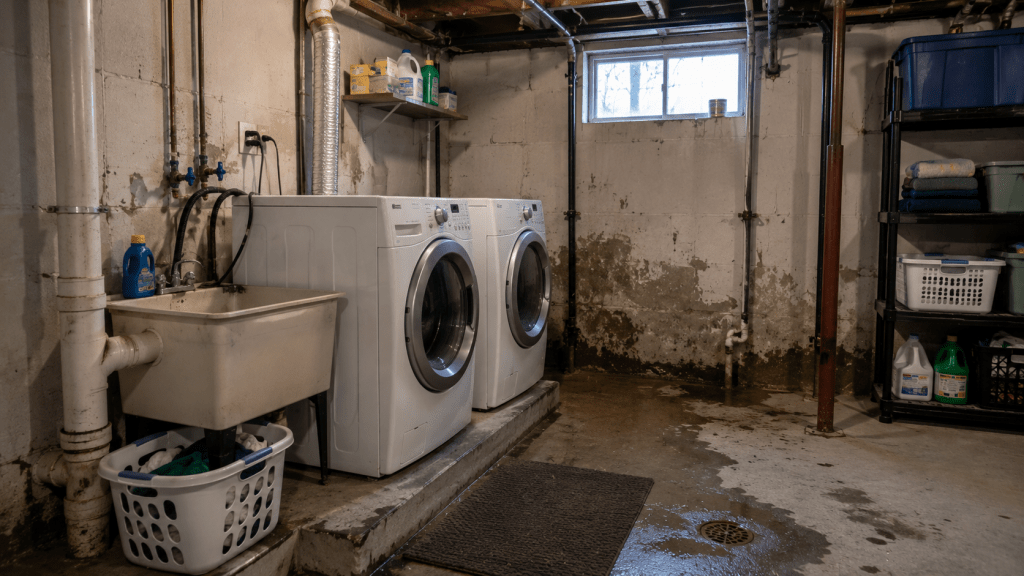 Washer and dryer in a damp unfinished basement near a foundation wall
