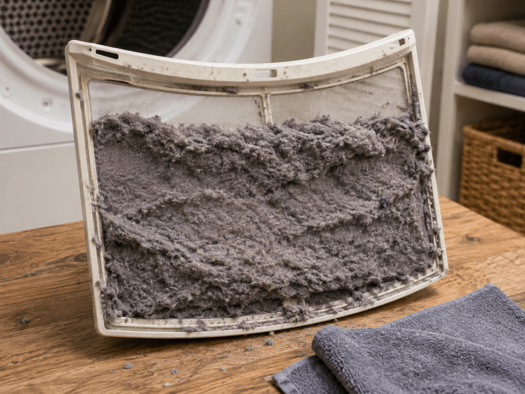 Dryer lint screen covered with heavy lint before cleaning