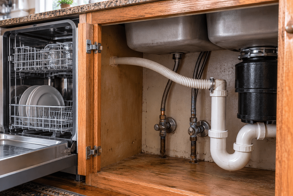 Dishwasher drain and plumbing connections under an older kitchen sink