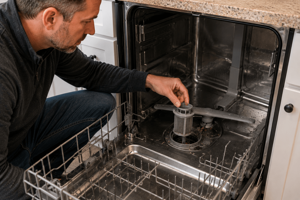 Accessible dishwasher filter being inspected in an open rental kitchen dishwasher