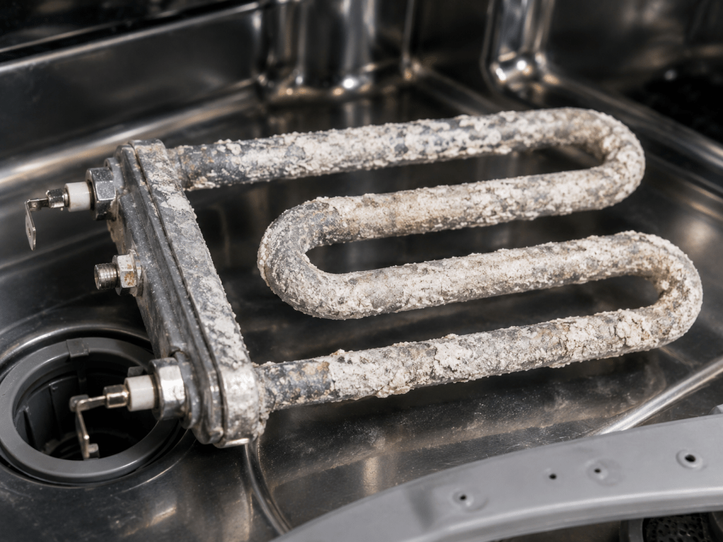 Mineral scale covering a dishwasher heating element