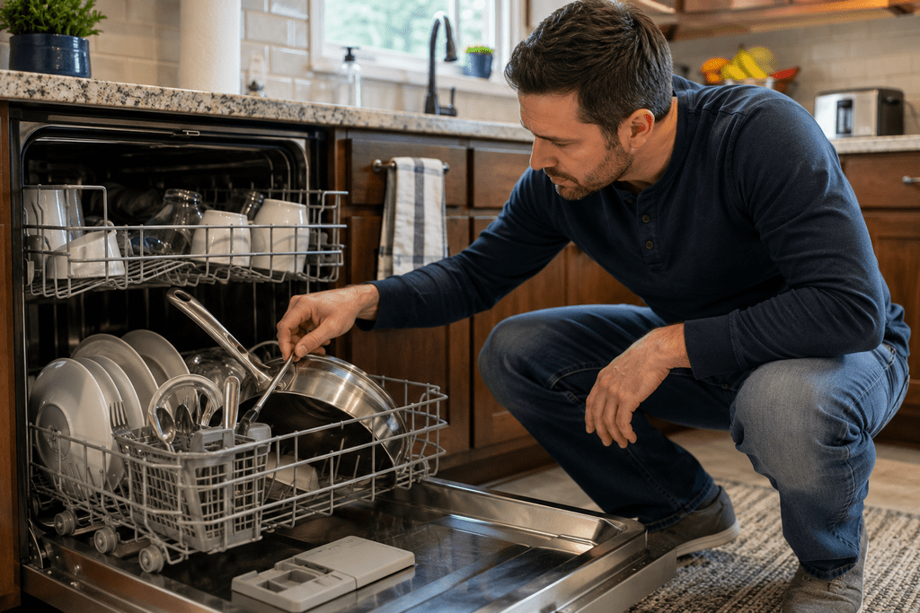 Homeowner checking dishwasher loading for an obstruction
