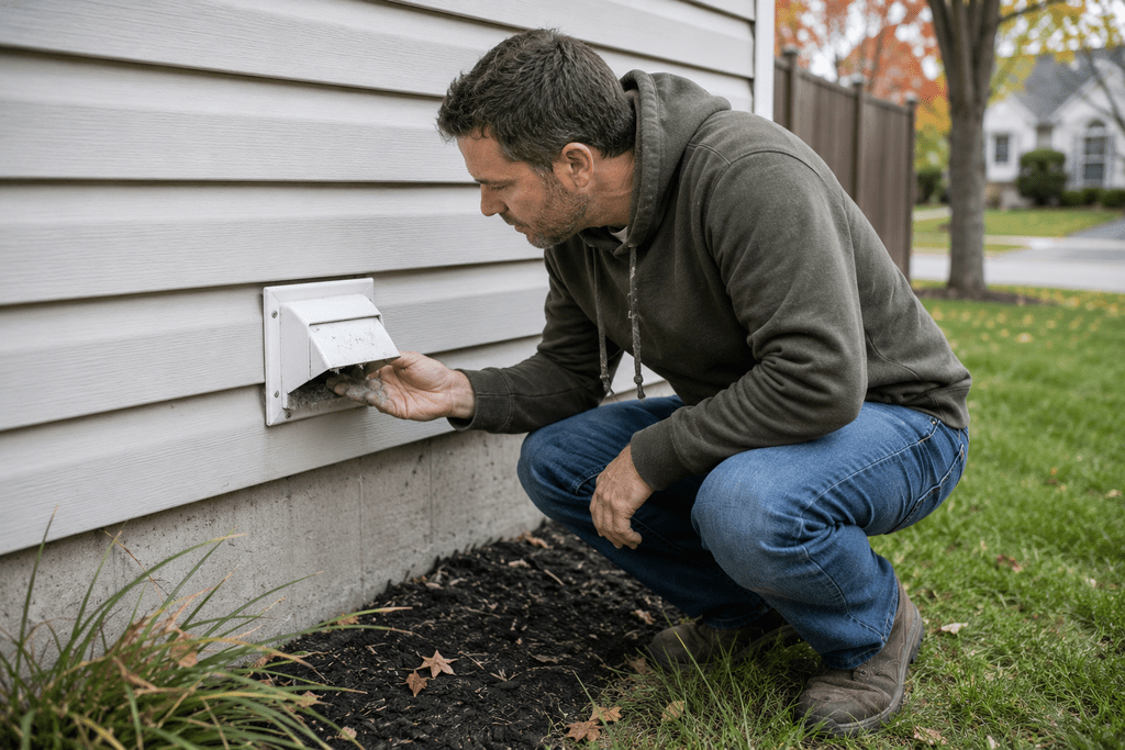 Homeowner checking the exterior dryer vent for restricted airflow