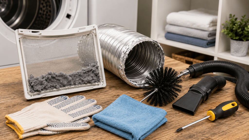 Clean dryer vent components and lint screen prepared for regular maintenance