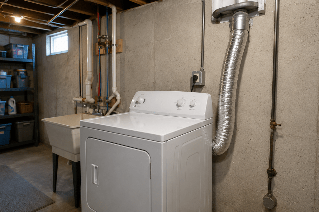 Dryer exhaust connection in the basement laundry area of an older home
