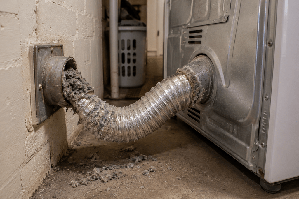 Lint buildup restricting a dryer vent behind the appliance