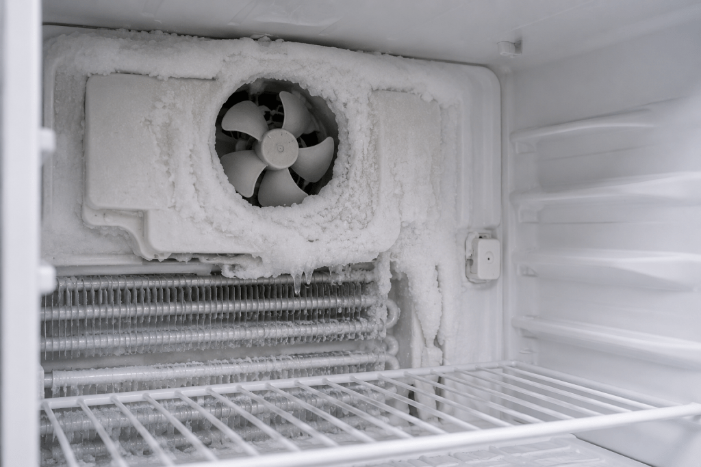 Heavy frost buildup around the evaporator fan inside a refrigerator freezer