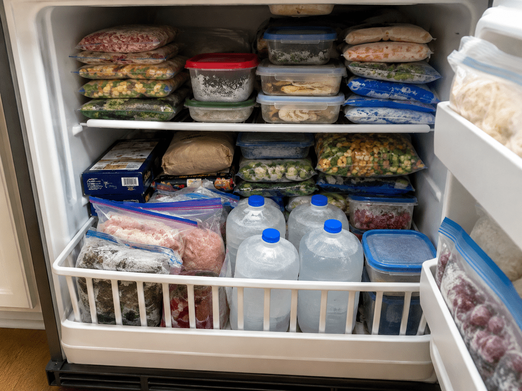 Well-stocked freezer with frozen food grouped closely together