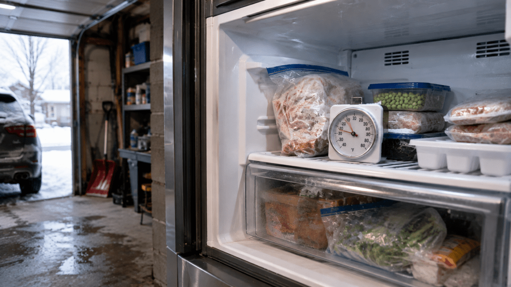 Appliance thermometer inside a garage freezer during cold winter weather