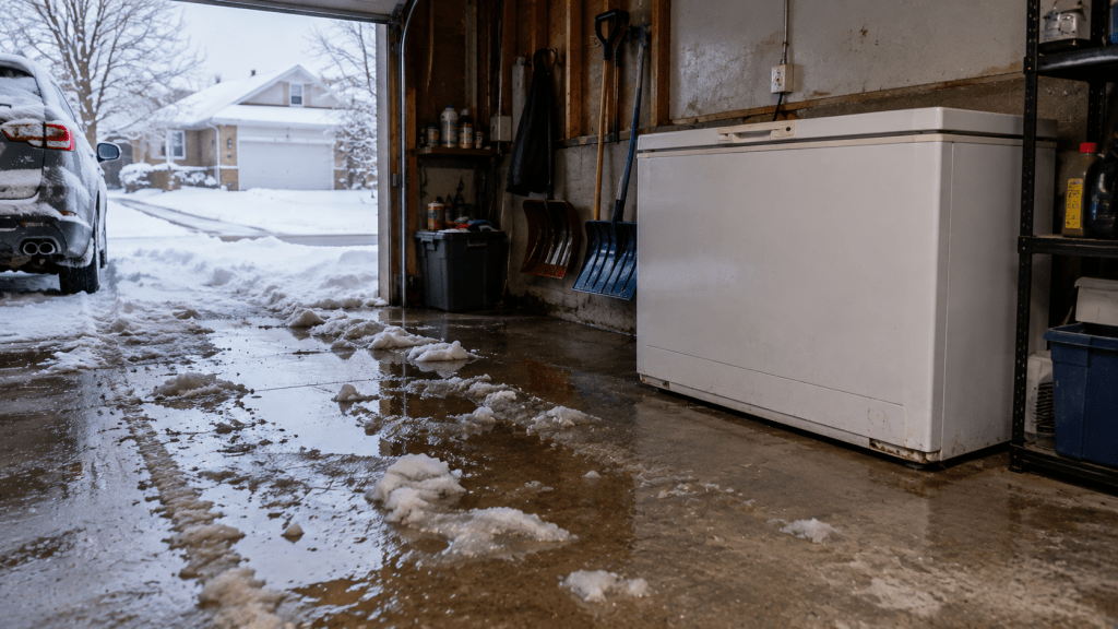 Snowmelt on a garage floor near a chest freezer during winter