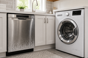 Hard water mineral buildup affecting a dishwasher and washing machine in a Cleveland home