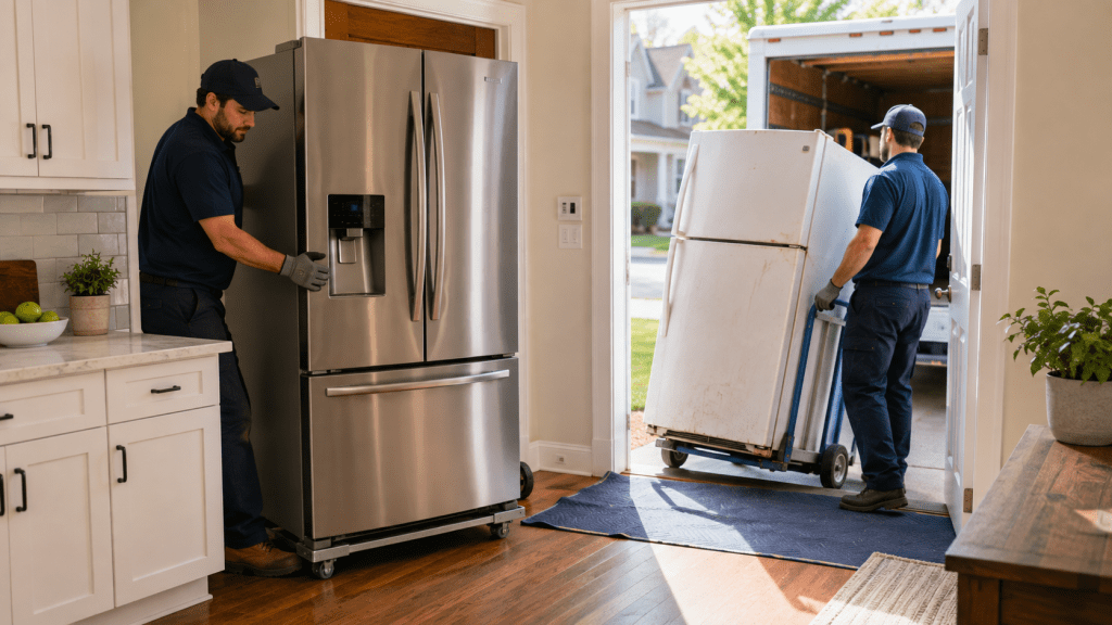 New refrigerator being delivered into an American home while the old unit is being removed.