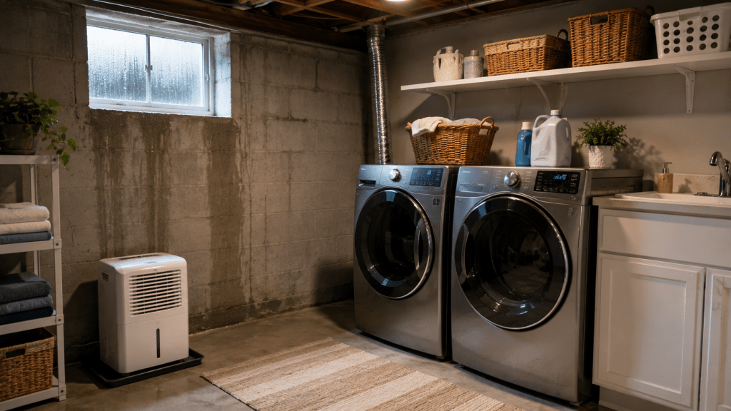 Residential basement laundry room with noticeable summer humidity