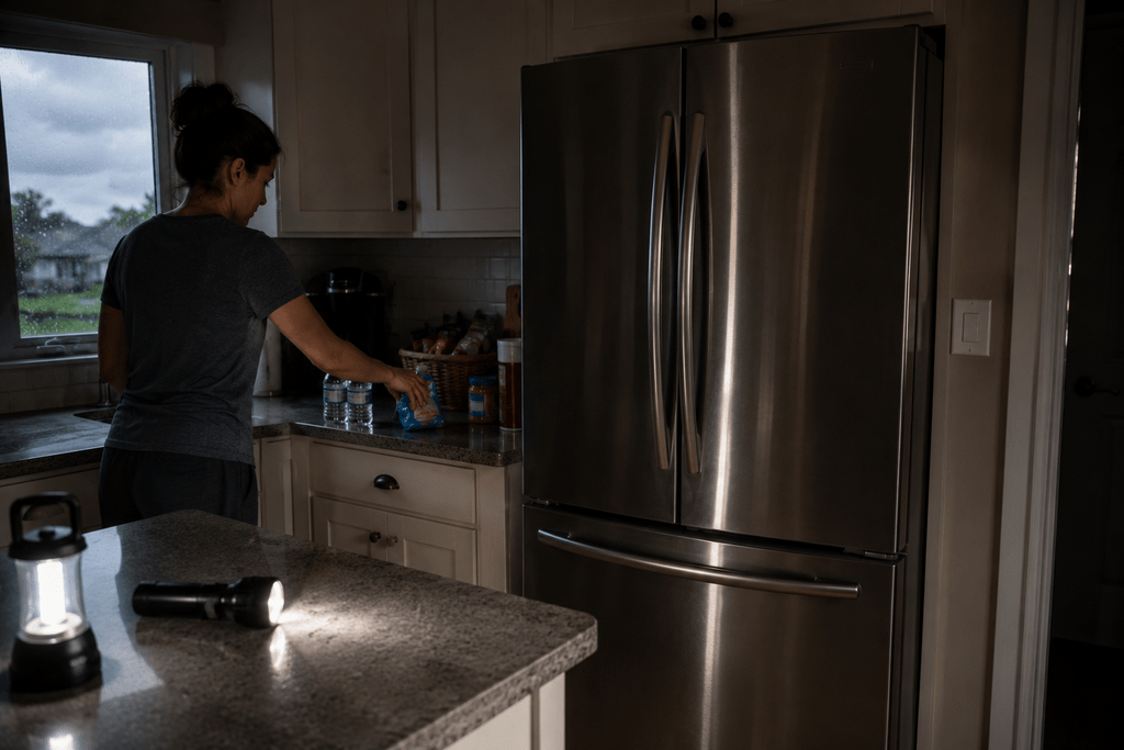 Closed refrigerator in a kitchen during a power outage