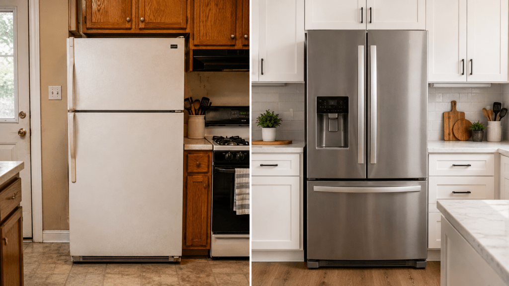 Older refrigerator next to a newer energy-efficient refrigerator for comparison.