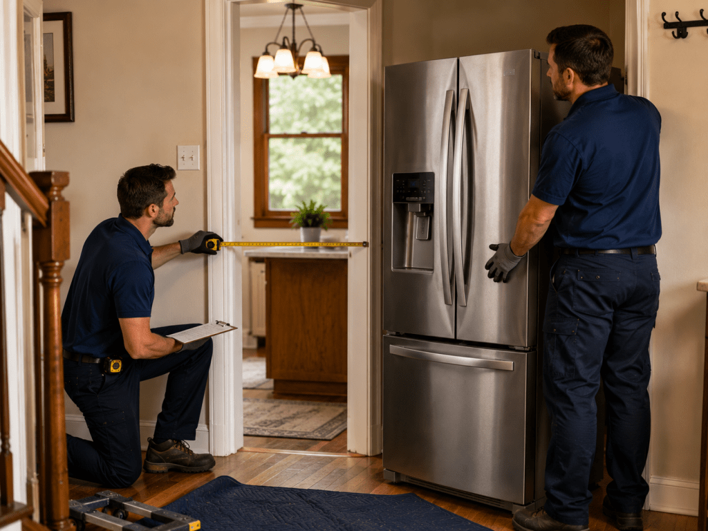Large refrigerator being measured before installation through a narrow residential doorway.