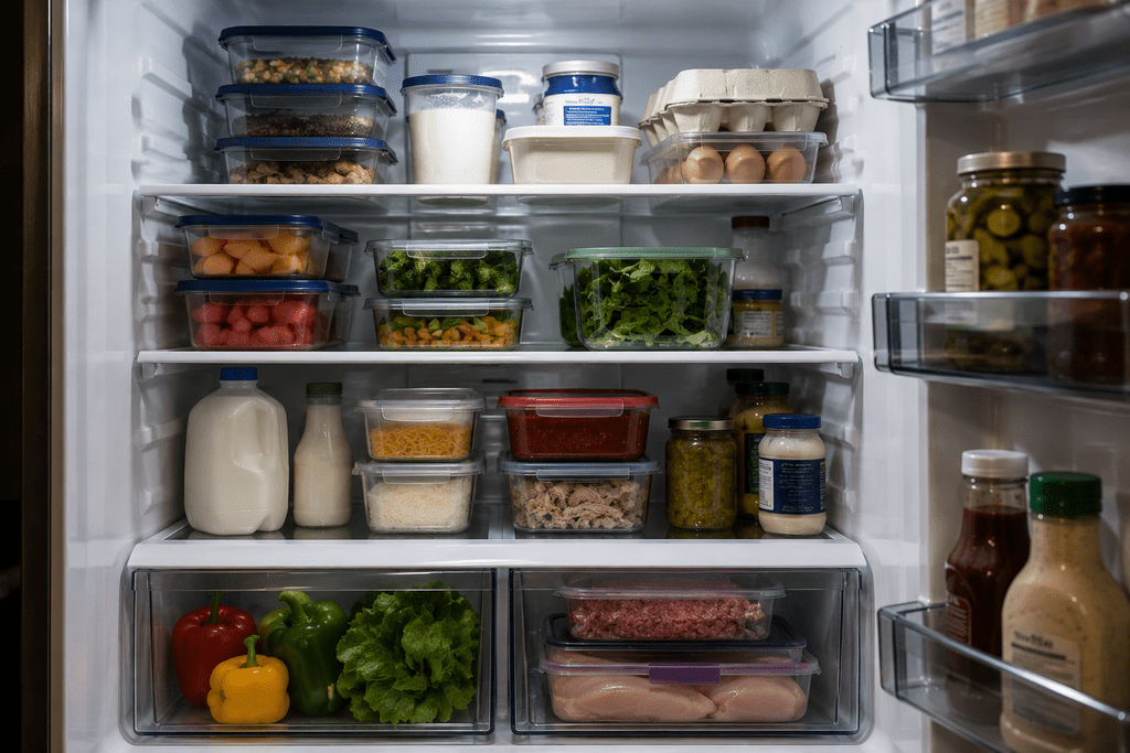 Organized refrigerator with raw meat separated from ready-to-eat foods