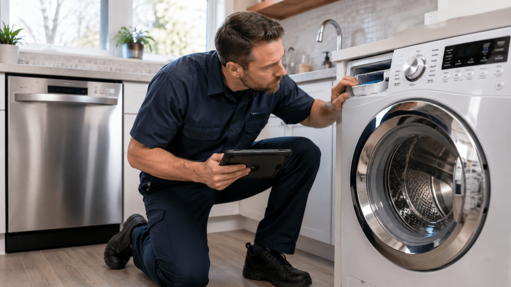 Professional appliance technician inspecting a dishwasher and washing machine for hard water damage