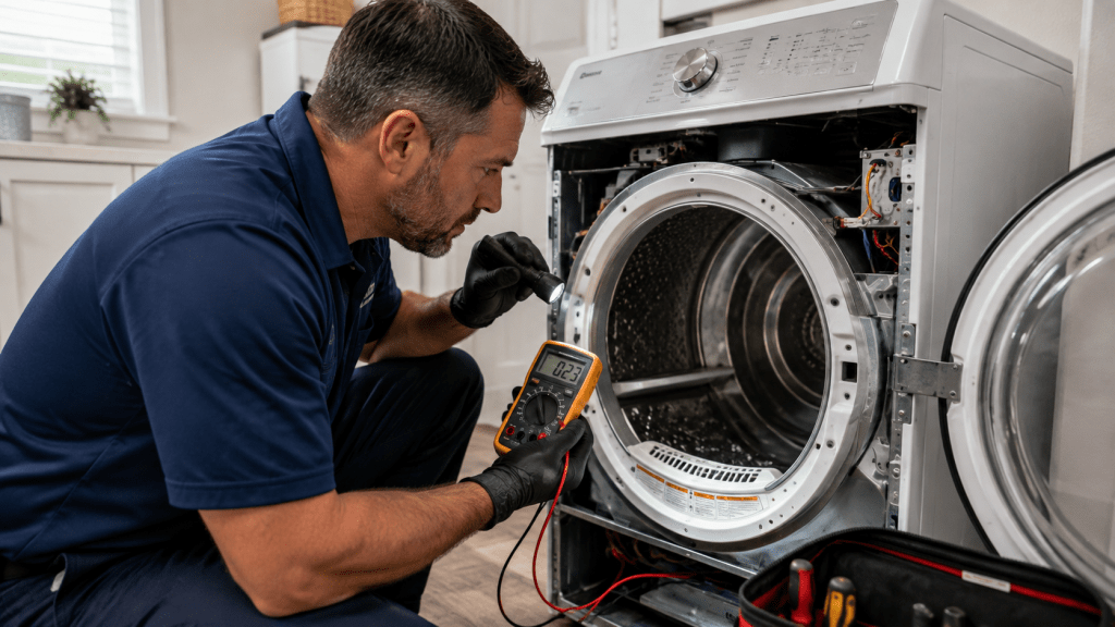 Appliance technician inspecting a residential dryer during diagnosis