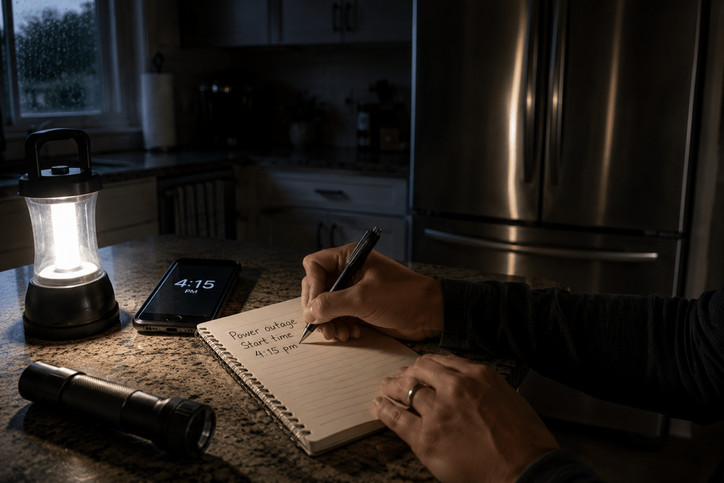 Homeowner noting the power outage start time in a dark kitchen