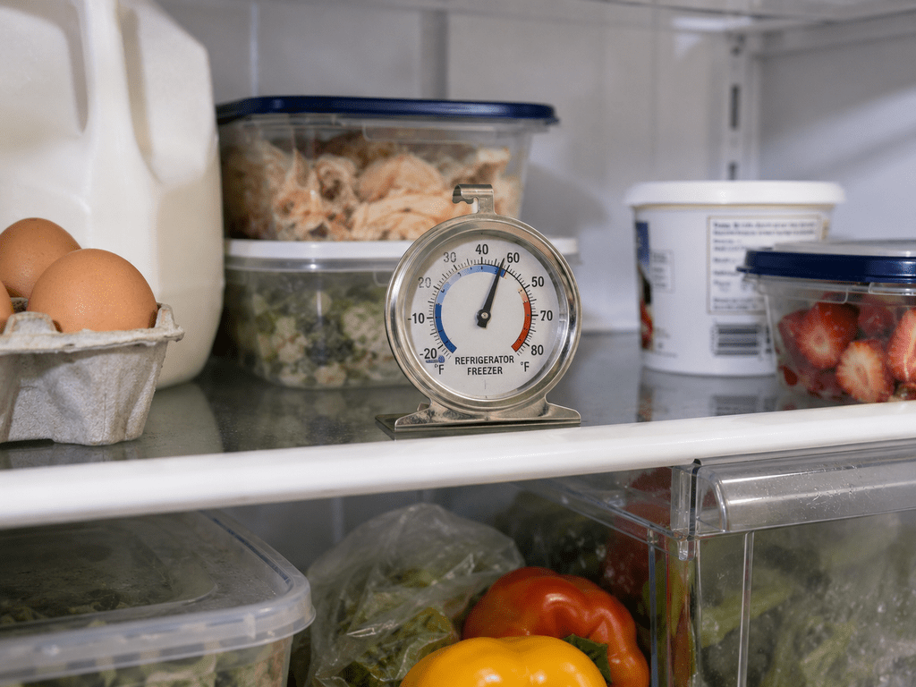 Appliance thermometer on a shelf inside a household refrigerator