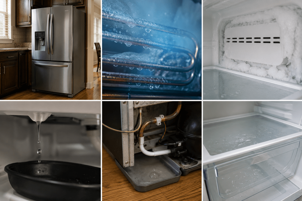 Refrigerator cooling components, defrost water, and freezer frost associated with gurgling, popping, and dripping sounds