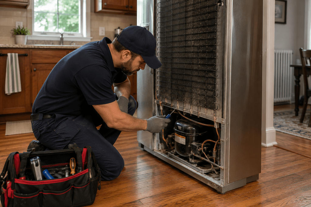 Technician inspecting the rear ventilation area of a refrigerator