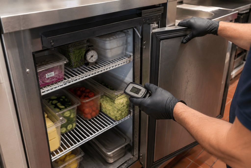 Close-up inspection of a refrigerator door seal and interior thermometer