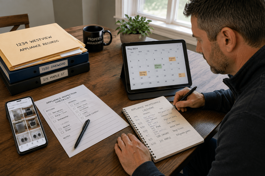 Property owner organizing appliance maintenance records and inspection dates