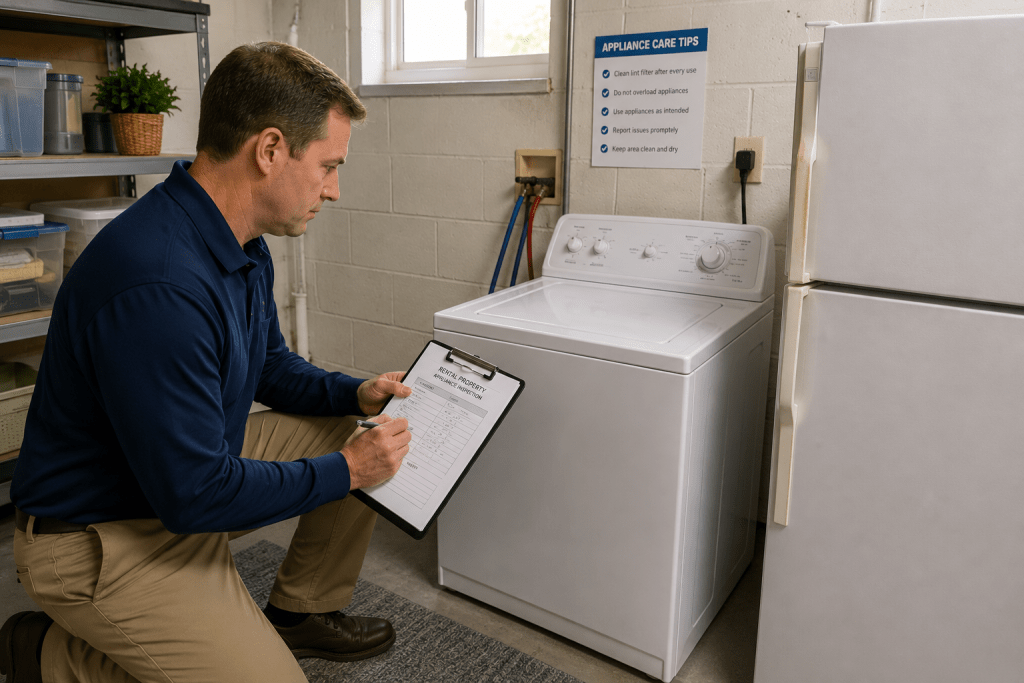 Property manager checking appliance condition during a rental inspection