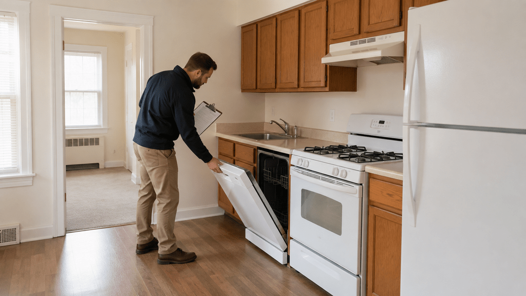 Property manager inspecting appliances in an empty rental kitchen