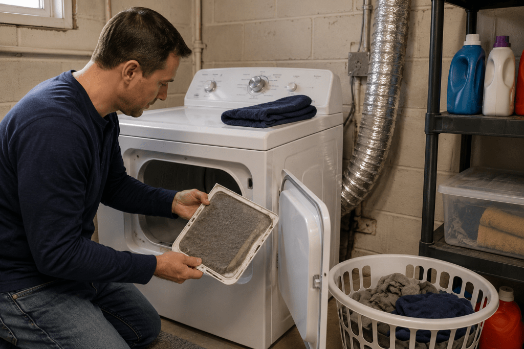Dryer lint screen being checked in a basement laundry area
