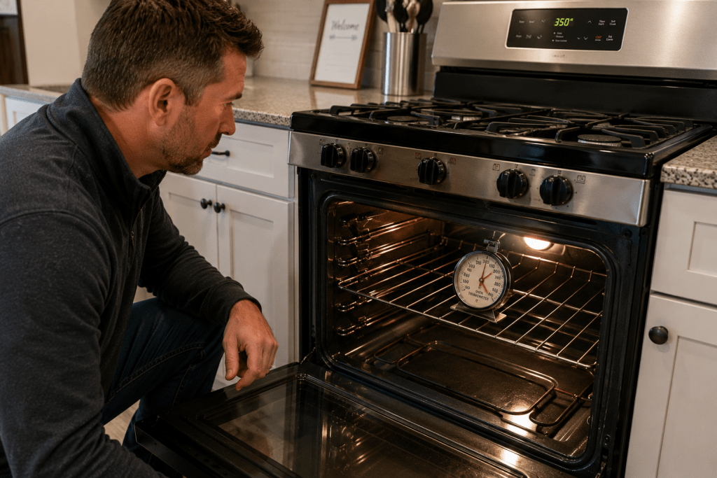 Landlord checking an oven thermometer during a rental property inspection