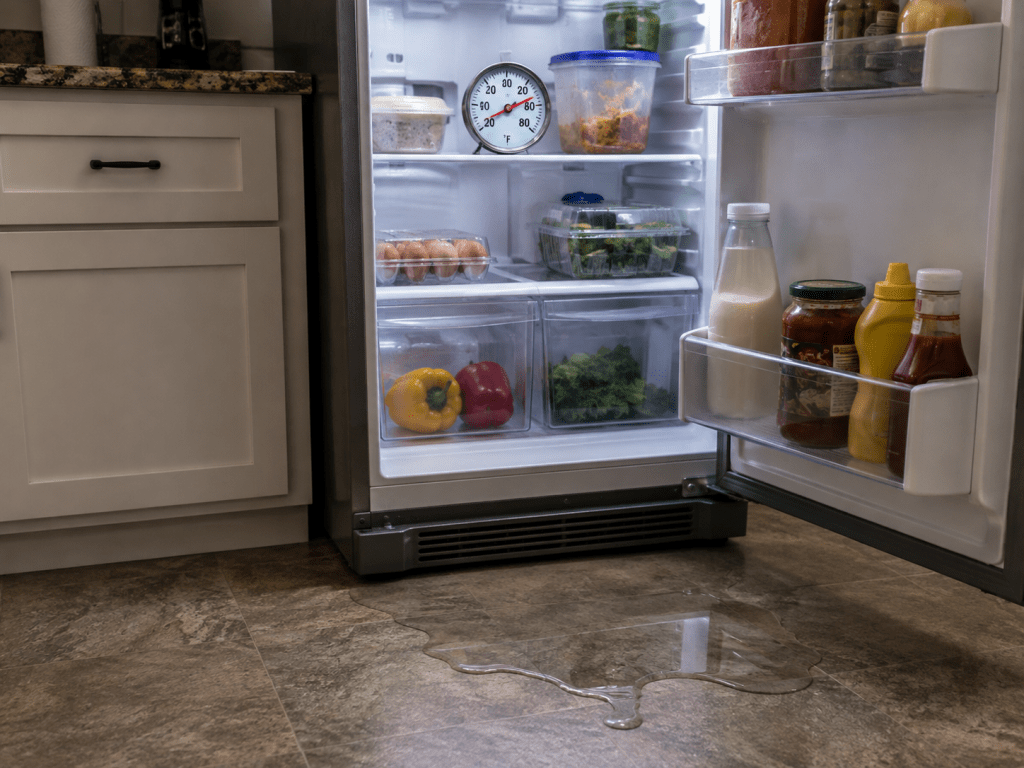 Open refrigerator with a thermometer and a small water leak on the kitchen floor