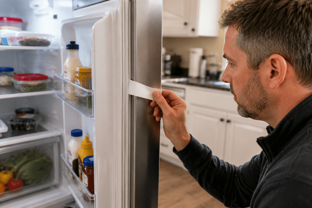 Landlord checking the door seal on a refrigerator in a rental kitchen