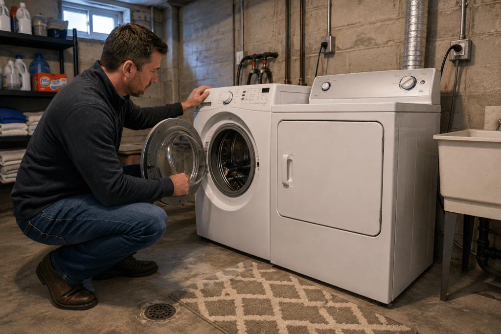 Landlord inspecting a washer and dryer in a basement laundry area