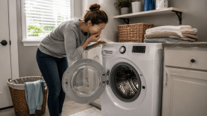 Homeowner noticing an unpleasant smell from a front-load washing machine