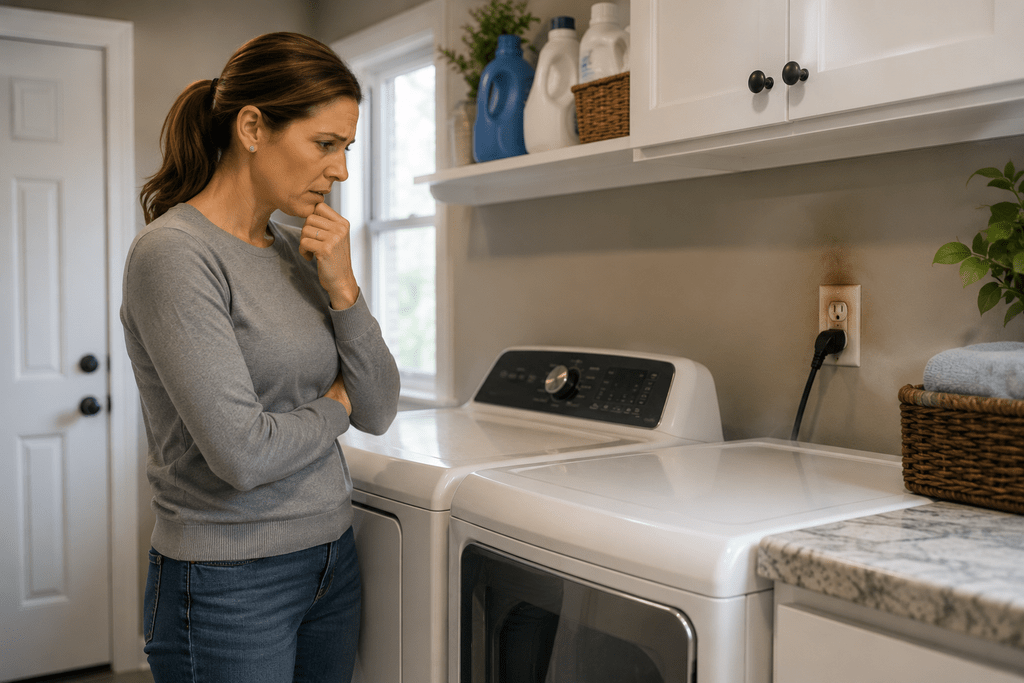 Homeowner stepping away from an appliance after noticing a safety warning sign
