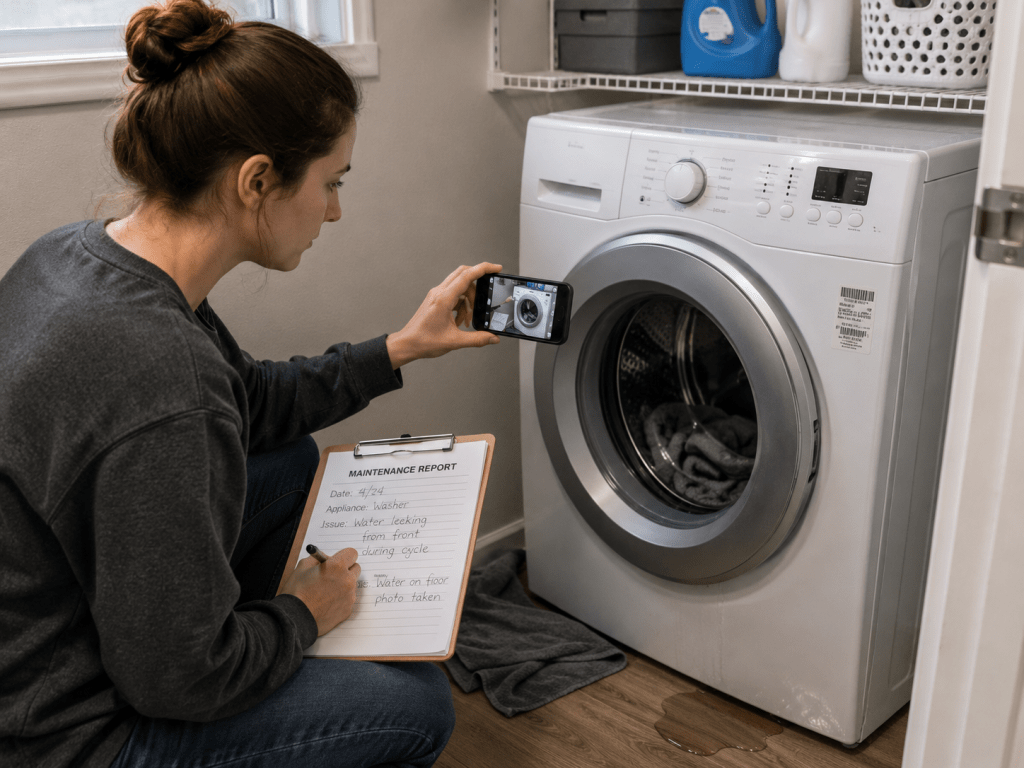 Tenant photographing a washer problem and taking maintenance notes