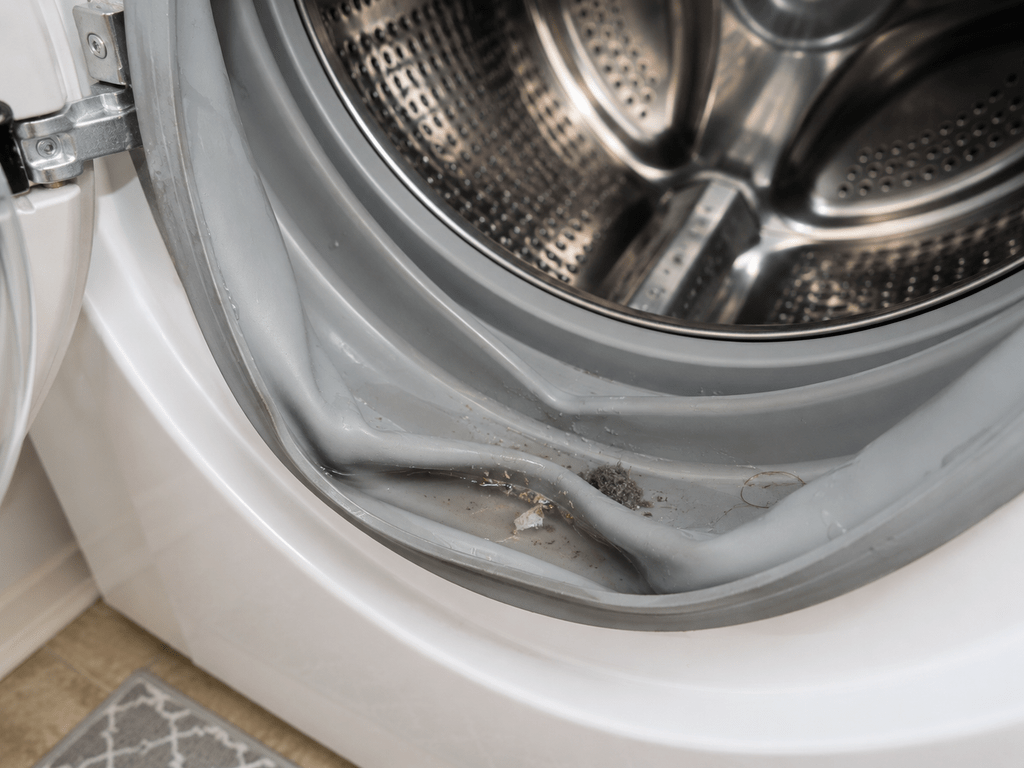 Moisture and lint trapped in the rubber gasket of a front-load washer