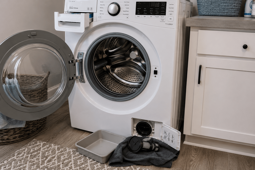 Open washer detergent dispenser and accessible filter area during cleaning
