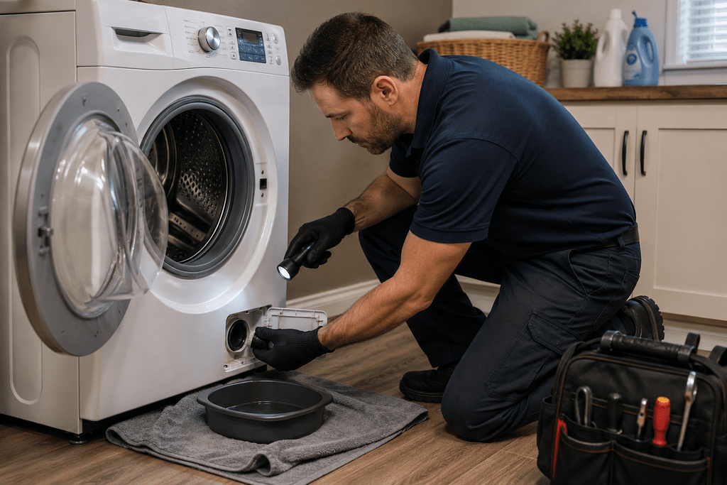 Appliance technician inspecting a washing machine for a drainage or leak problem