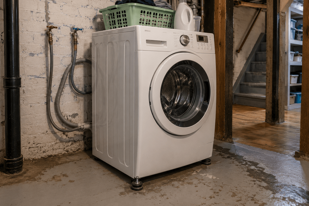 Washing machine standing on an uneven floor in an older home