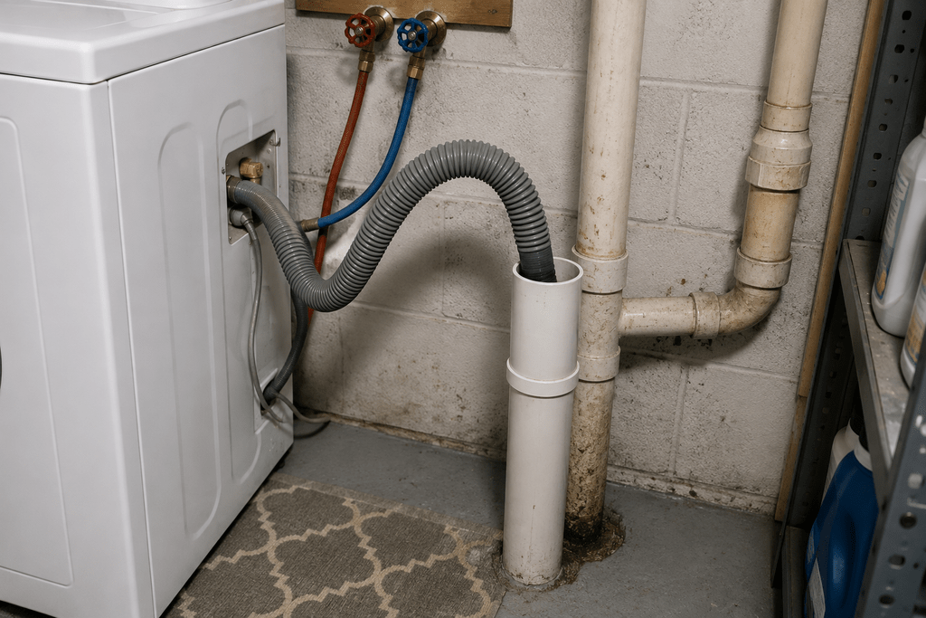 Washing machine drain hose and standpipe behind a basement washer