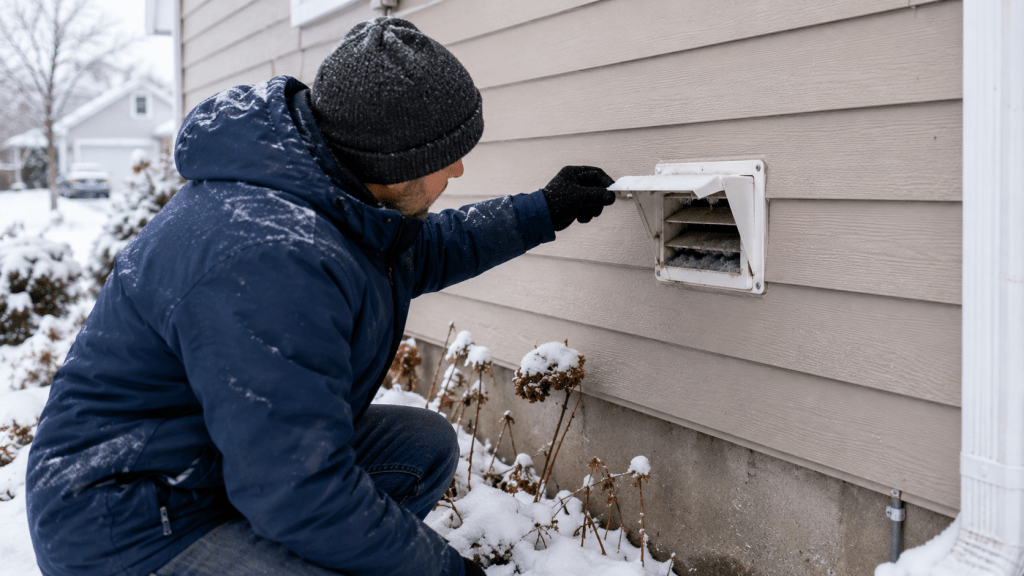 Exterior dryer vent being checked for snow and lint blockage in winter