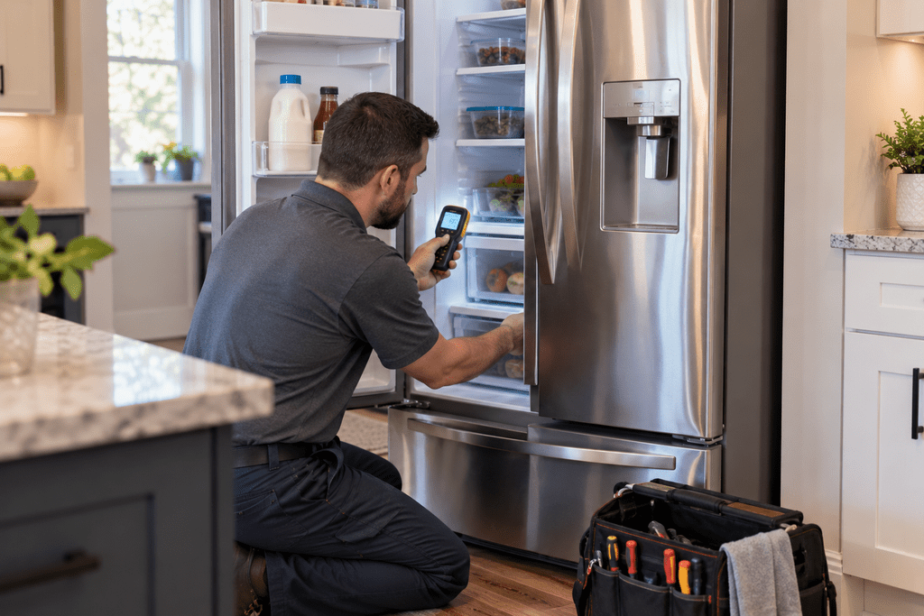 Appliance technician checking refrigerator performance in a residential kitchen