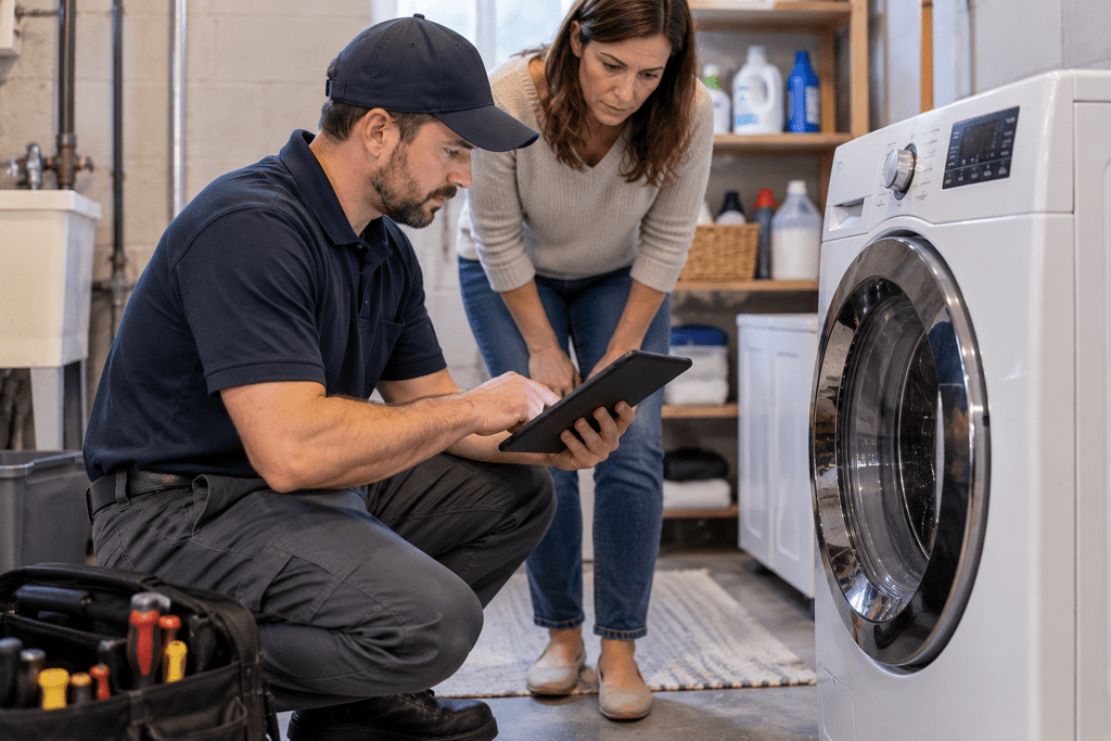 Appliance technician reviewing diagnostic information beside a washing machine