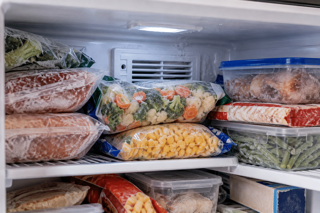 Frozen food packages blocking an air vent inside a crowded freezer